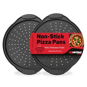 Non-Stick Pizza Pan with Silicone Handle 13 Inch Round Carbon Steel Tray with Perforated Holes, Dishwasher & Oven Safe Up To 450°F, PFOAPFOSPTFE Free, Durable Nonstick Gray Marble Coating (1 PCS)