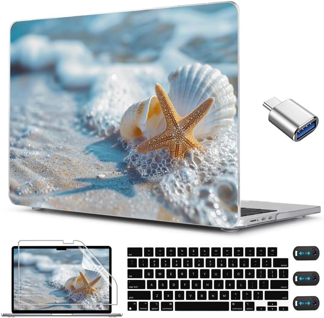 CISSOOK Compatible with MacBook Air 13.6 inch Case 2026 2025 2024 2022 Release M5 A3449 M4 A3240 M3 A3113 M2 A2681, Plastic Hard Shell Protective Case with Keyboard Cover Screen Protector, Beach&Shell