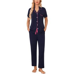 Samring Women Pajamas Sets 2 Piece Short Sleeve Soft Sleepwear Pjs Lounge Set Button Down Nightwear with Long Pants (XX-Large, Navy Blue Rose)