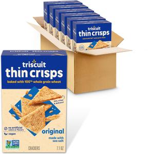Triscuit Thin Crisps Original Whole Grain Wheat Crackers, Vegan Snacks, Bulk Snack Crackers, 6 - 7.1 oz Boxes (EXP 07/14/26)