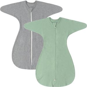 ZIGJOY Shark-Fin Transition Swaddle - 1.0 Tog Baby Sleep Sack Soft Cotton Transitional Swaddle Baby Wearable Blanket with 2-Way Zipper for All Seasons, Green&Grey, 6-12 Months