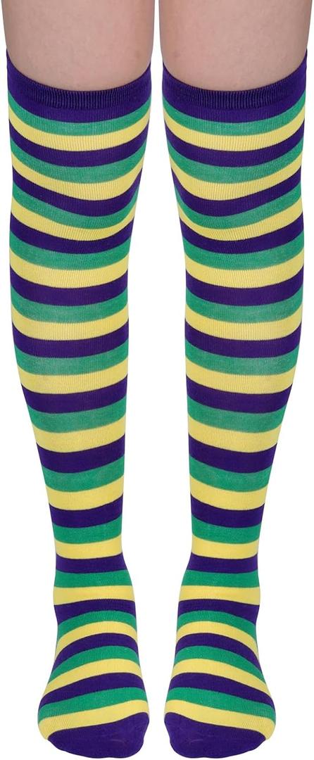 Striped Thigh High Socks, Halloween Witch Stockings Costume Accessories for Women, Over Knee High Socks Leg Warmers (Yellow/Green/Purple)