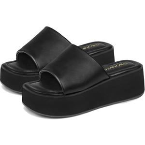 Chunky Platform Sandals for Women - Comfort Black Open Toe Slip on Platform Slides Y2K Wedge Sandals for Summer Casual (6)