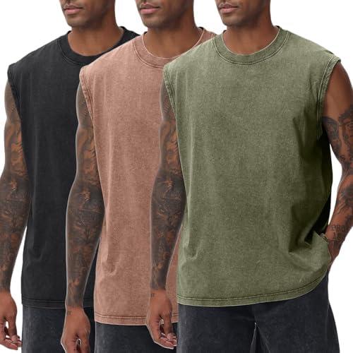 Arssm Sleeveless Shirts for Men Tank Tops Cotton Acid Wash Tees Muscle Workout Running Tank Tops, XL