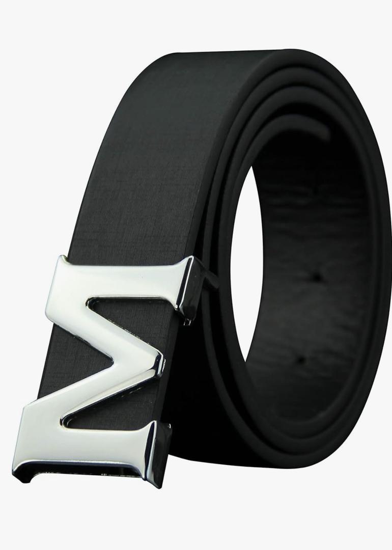 ALAKA Leather Men's Belts Removable Letter M Plate Buckle Waist Belt 1.29"