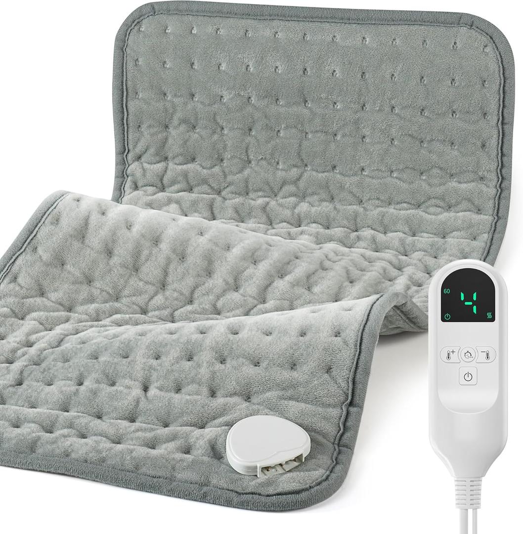 Electric Heating Pad for Back Pain and Period Cramps, Fast Heating Relief Shoulder, Muscle Aches, Arthritis Pain, 6 Heat Settings, 4 Timers, Moist & Dry Use, Machine Washable, 12"x 24"