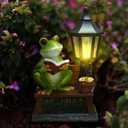 Frog Garden Statue Home Outdoor Decor - Solar Frogs Learning Sculptures Auto LED Waterproof Lights, Garden Outside Figurine Ornament, Women/Gardening/Housewarming Gift for Yard/Pond