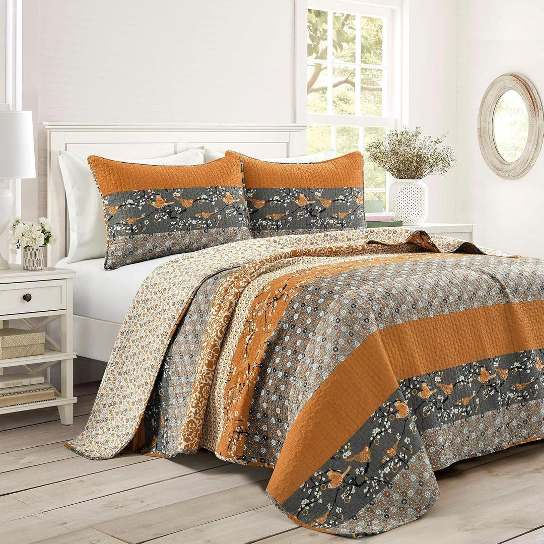 Lush Decor Royal Empire Reversible Cotton Quilt Set, 3 Piece Set King, Yellow & Gray - Striped Bedding Set - Floral Quilt King Size - Boho Decor