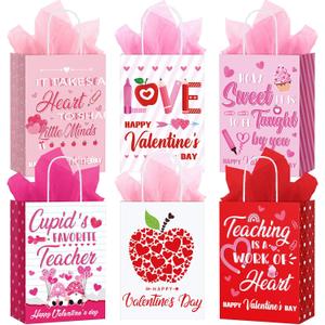 Gueevin 24 Pcs Valentine's Gift Bags for Teacher with 24 Tissue Paper Bulk Party Favor Kraft Paper Bags Ideas Appreciation Gift for Teachers Home Office Valentine's Day Supplies Favors