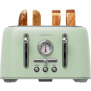 Retro 4-Slice Toaster - 6 Settings, Stainless Steel Body, Defrost/Cancel Button & Crumb Tray, Vintage Green (11x11x7 inch)