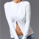 SOLY HUX Women's Button Down Sweater Crew Neck Long Sleeve Shirts Knitted Casual Pullovers (White, M)