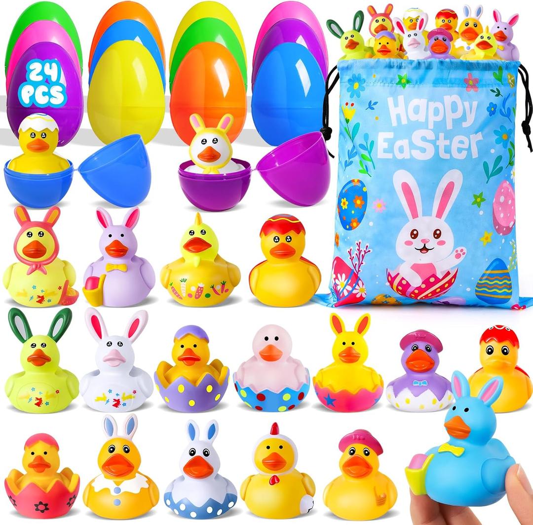 24 Pcs Prefilled Easter Eggs with Easter Rubber Ducks, Easter Basket Stuffers Party Favors, Fun Bath Toys Jeep for Ducks, Easter Egg Hunt, Holiday Classroom Gifts Prizes for Kids Toddler