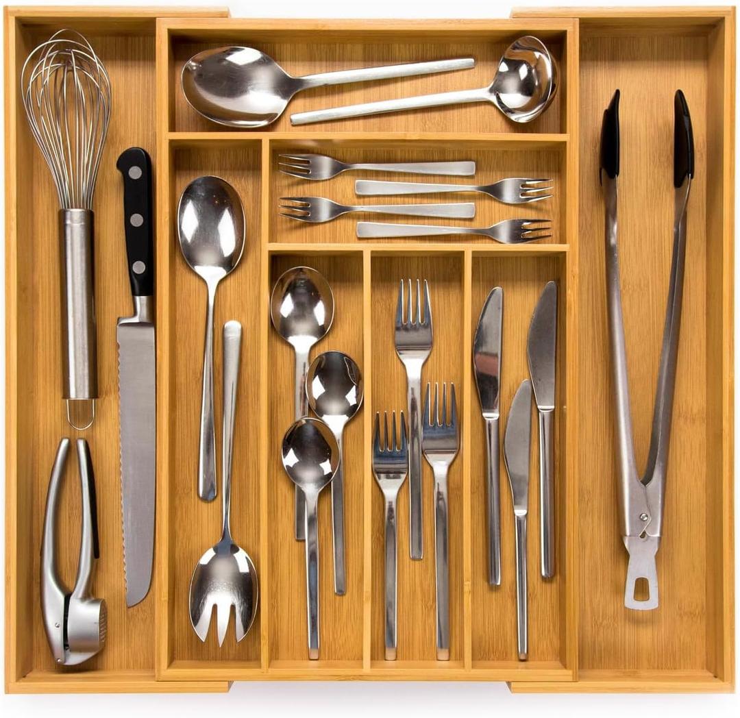 budu Silverware Drawer Organizer #18.5" Depth  Utensil Holder, Kitchen Drawer Organizers for Flatware, Cutlery  Perfect Utensil Organizer for Silverware & Other Kitchen Organization Tools & Storage (18.5", Bamboo - Natural)