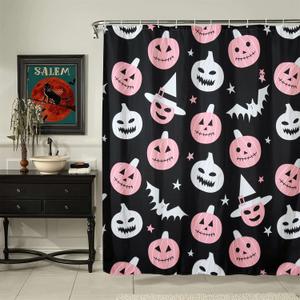 Cute Halloween Fabric Shower Curtain Aesthetic Funky Bathroom Decorations, Colorful Fun Scary Jack Pumpkins Bats Witch Hats Gothic Halloween Fall Girls Kids Shower Curtain Set with Hooks (Black)