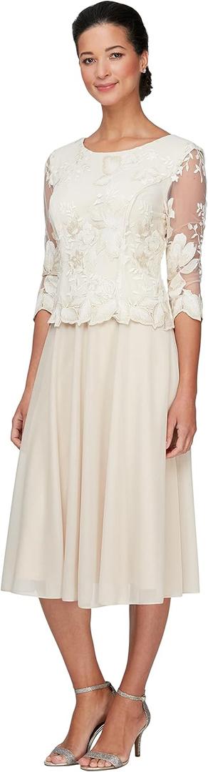 Alex Evenings Women's Tea Length Embroidered Bodice Mother of The Bride Gown, Wedding Guest Dress  (14 Petite, Taupe)