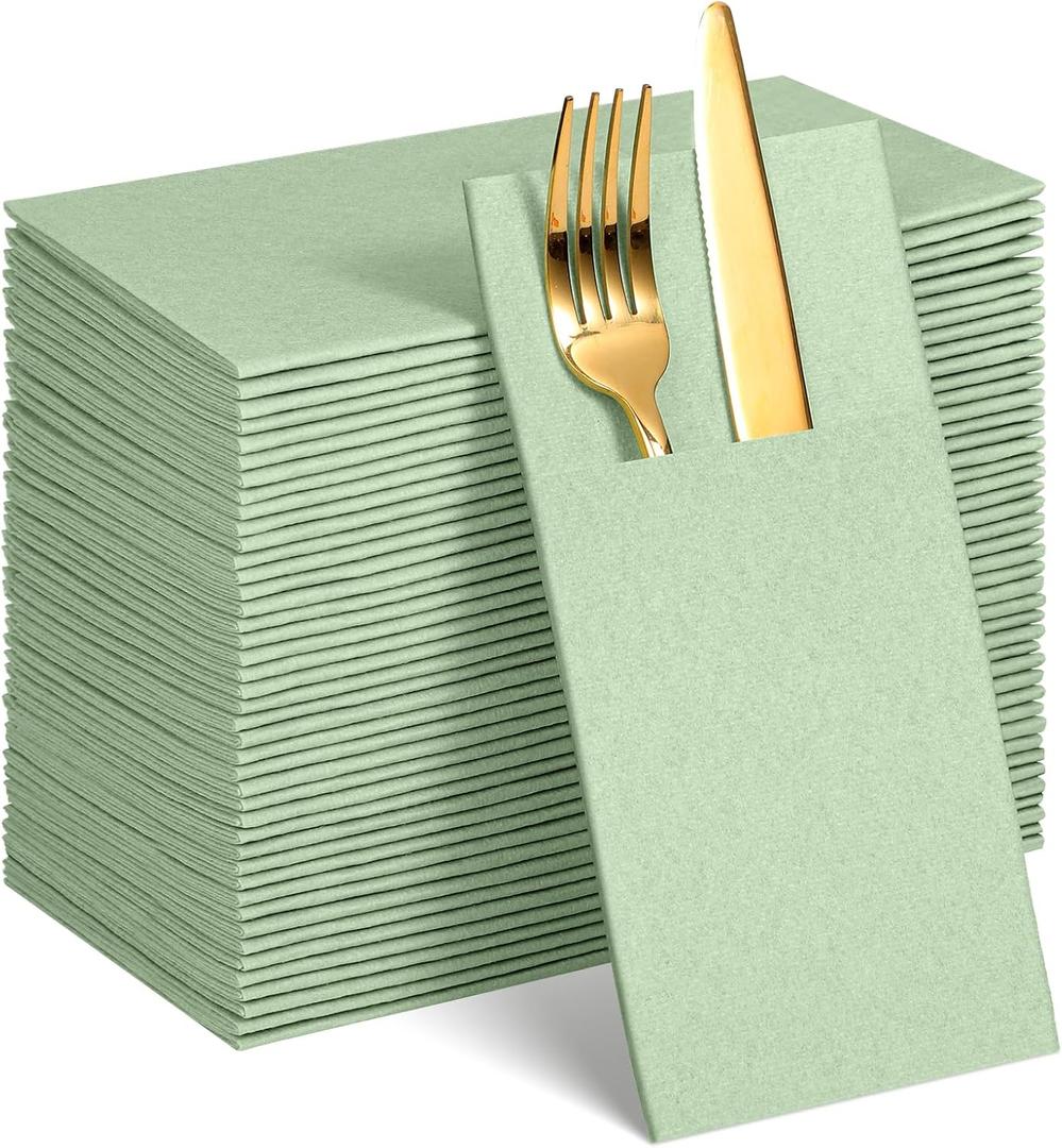 60 Pcs Sage Green Linen-Feel Paper Napkins with Built-in Flatware Pocket, Pocket Linen Napkins Prefolded Cloth Like Paper Napkins Bulk for Silverware Easter Wedding Baby Shower Birthday Bridal Party