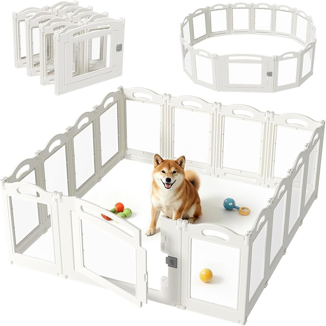 Foldable Clear Acrylic Dog Playpen with Door, 23.6" Acrylic Puppy Playpen, Easy Assemble Indoor Pet Fence with White Frame, Clear Dog Playpen for Puppies & Animal (White, 23.6‘H, 14 Panels + 1 Door)