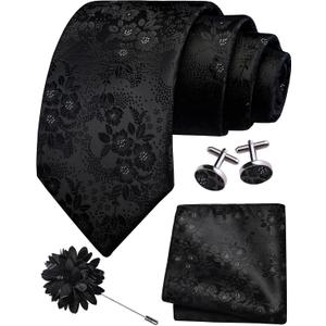 GUSLESON 3.15"8cm Mens Floral Tie and Lapel Pin Necktie Hankerchief Cufflinks Set for Men (Black)