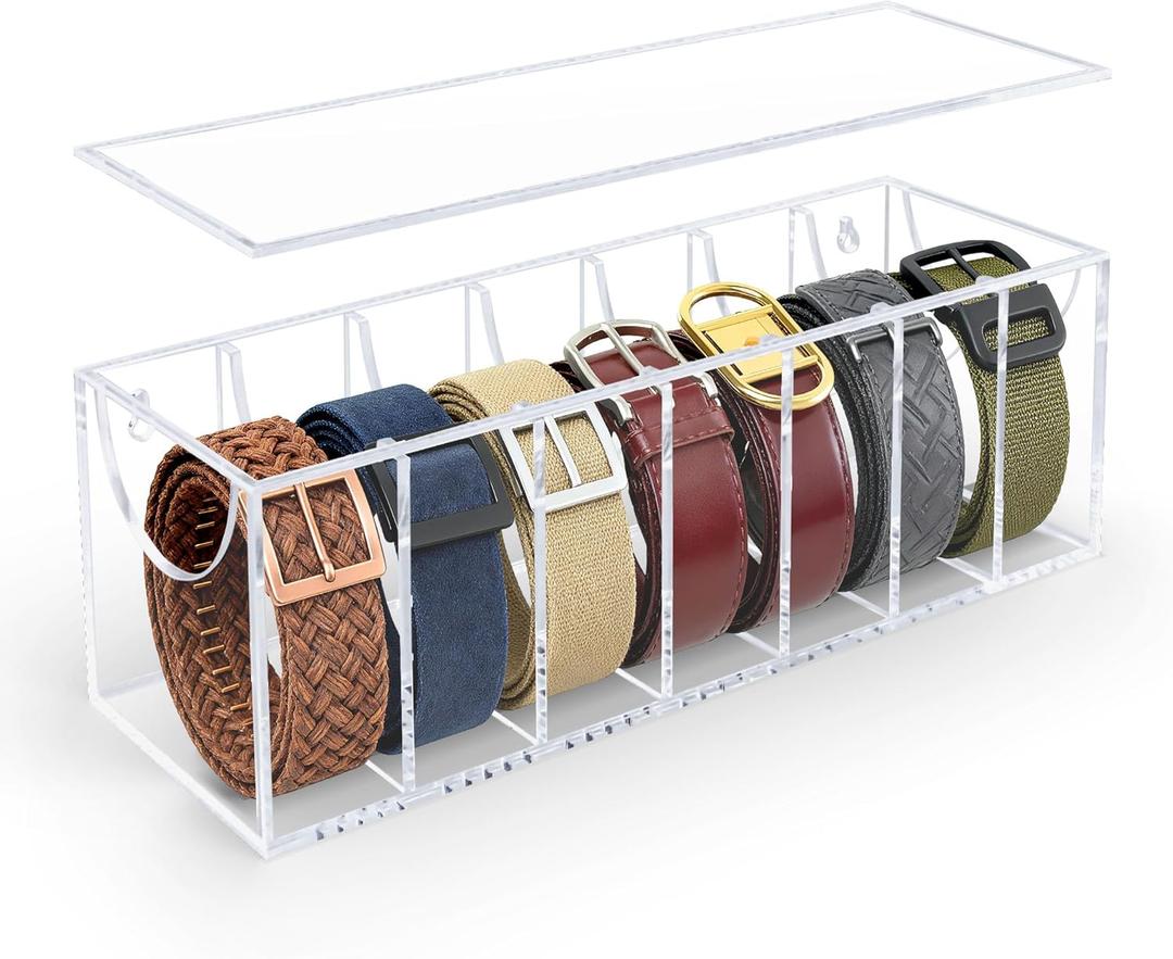 Belt Organizer, Acrylic Belt Storage Organizer for Closet with Dust Cover and Drawer,7 Compartments Transparent Display Case for Belts