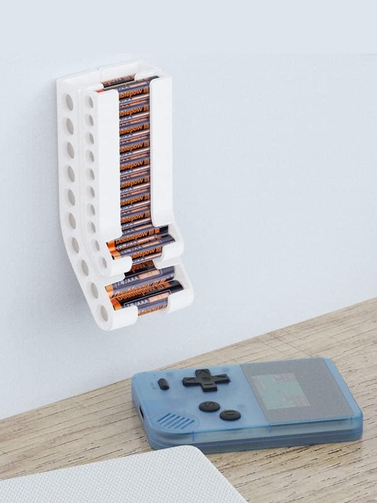 Battery Holder Storage Organizer - Wall Mount Battery Container Fit for 10 AAA & 10 AA Batteries (White)