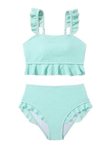 Floerns Girl's 2 Piece Bathing Suit Ruffle Trim Summer Bikini Swimsuit Light Green 12Y