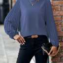 Samefar Womens Pleated Lantern Sleeve Lace Tops Dressy Casual Crewneck Fall Loose Fit Business Work Chiffon Blouses (Blue, S)