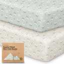 2-Pack Mini Crib Sheets Fitted - 38x26 Pack N Play Sheets for Pack and Play Mattress, Organic Cotton, Soft & Breathable Playard Bedding, Neutral Mini Toddler Bed Cover for Boys, Girls (Daisies)