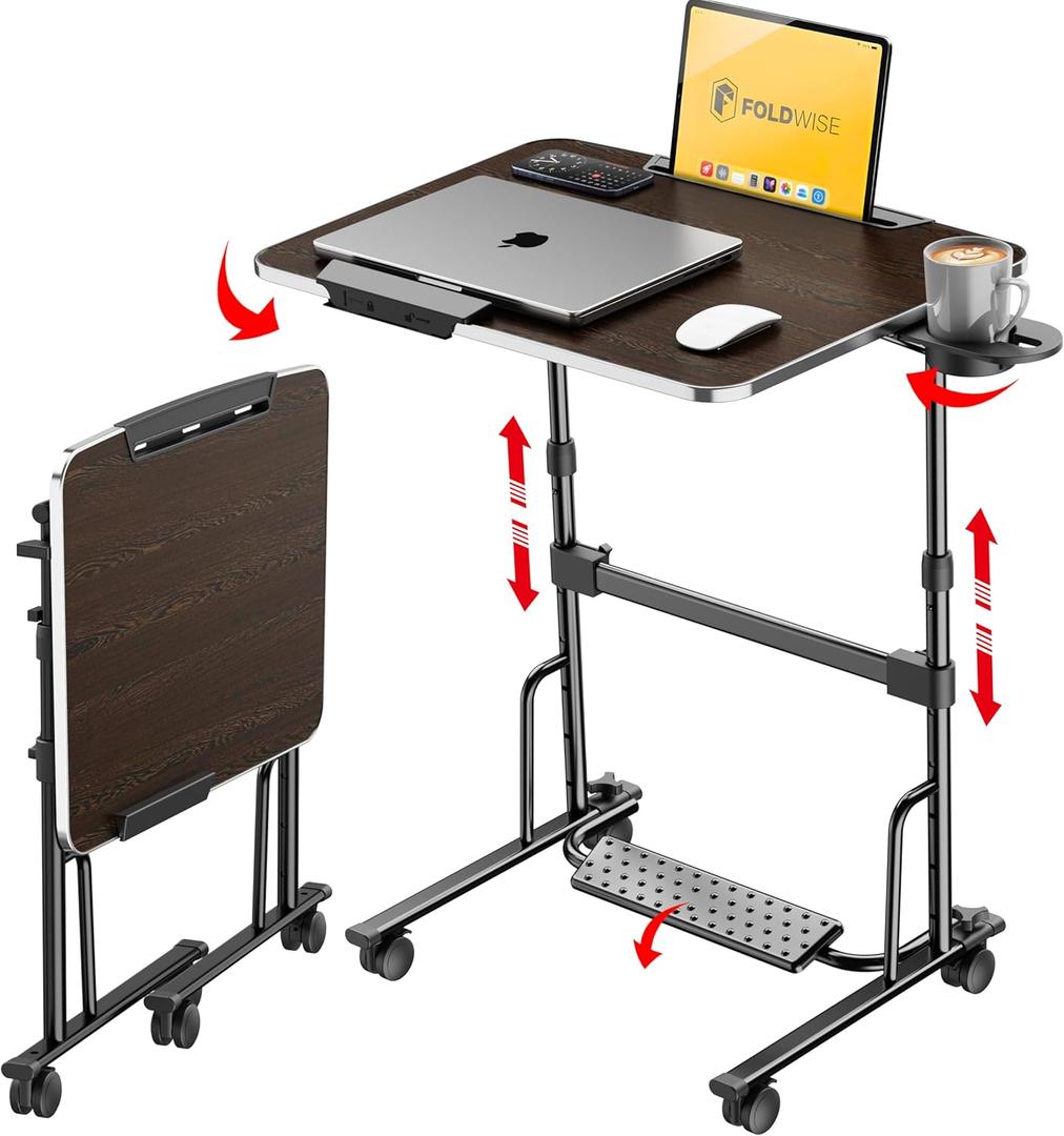 Foldable Standing & Rolling Desk - Upgraded Portable Desk with Wheels, Height & Angle Adjustable - Sturdy Mobile Table Workstation for Laptop - with Footrest, Edge Stopper, Cup & iPad Holder (Black)