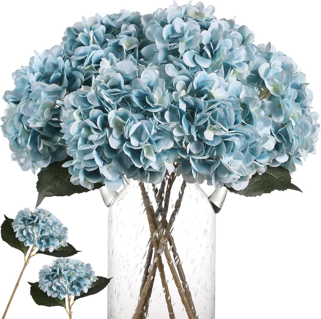 Kisflower Blue Hydrangea Artificial Flowers 6pcs Faux Hydrangea Flowers, Fake Flowers for Table Centerpiece, Blue Silk Hydrangea Flowers with Stems for Home Wedding Party Decor