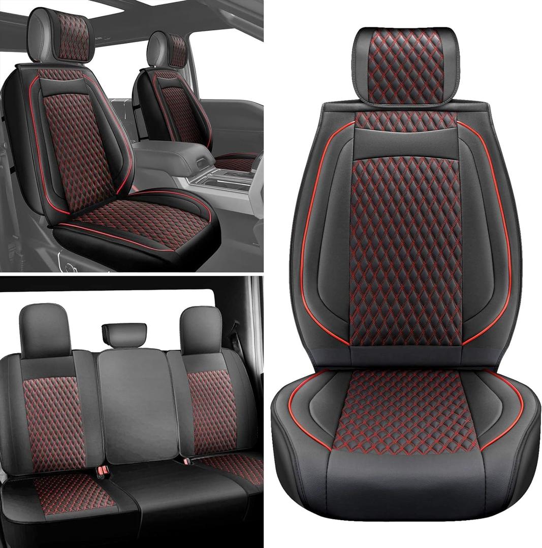 Custom Leather Seat Cover Full Set Compatible with Toyota Tacoma 2009 to 2024 TRD Sport Off Road TRD Pro Limited SR SR5 Package Access Double Extended Cab Pickup Truck (5 Pcs, Black Red)