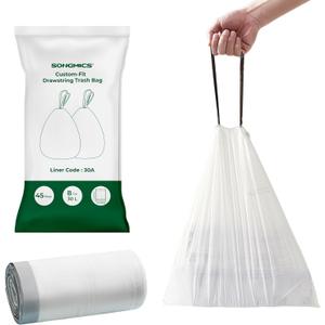 SONGMICS Trash Bags for 8-Gallon (30L) Trash Cans, 45 Count Drawstring Kitchen Garbage Bags, Pre-Separated, Liner Code 30A, 1 Roll, White UKRB30A