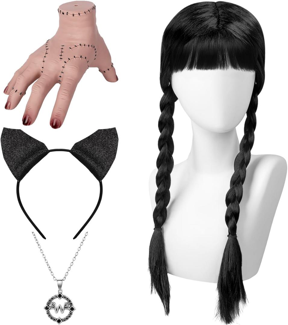 Halloween Black Braided Wig Accessories Include Pigtail Wig Creepy Hand, Necklace, and Headband Gothic Halloween Cosplay for Women
