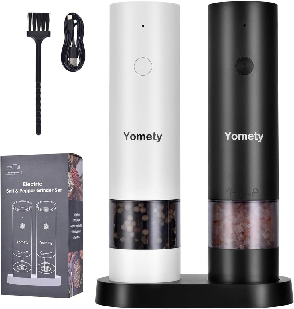 Electric Salt and Pepper Grinder Set Rechargeable Salt and Pepper Grinder Set with Adjustable Coarseness, Salt and Pepper Shakers for Kitchen Gadgets (Black/White)