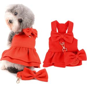 Ranphy Pet Red Bowknot Winter Dress for Small Dogs Girlsl Woolen Coat with Leash and D-Ring Cats Puppy Warm Clothes Birthday New Years Christmas Party,Red,S