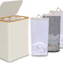 Efluky Laundry Hamper with Lid, Trio Laundry Hamper with 3 Removable Bags, 3 Section Laundry Basket with Bamboo Handles for Bathroom, Bedroom & Laundry Room, 160L Beige