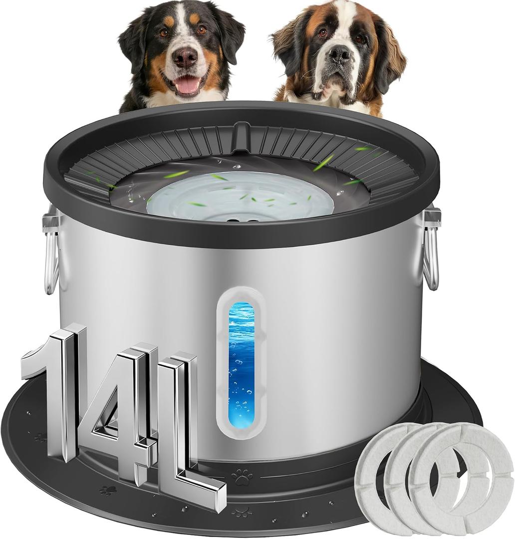 UPSKY 14L No Spill Dog Water Bowl, Stainless Steel Spill Proof Dog Bowl with Water Window, Dual-Suction Anti-Slip Large Capacity Slow Drinking Bowl with Floating Disk for Large Dogs & Messy Drinkers