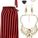 Fourluoo 5 Pcs Pirate Costume Accessories Set Women Pirate Skirt Head Scarf Hat Eye Patch Skull Jewelry for Cosplay Outfit(Red and Black Stripes,L)