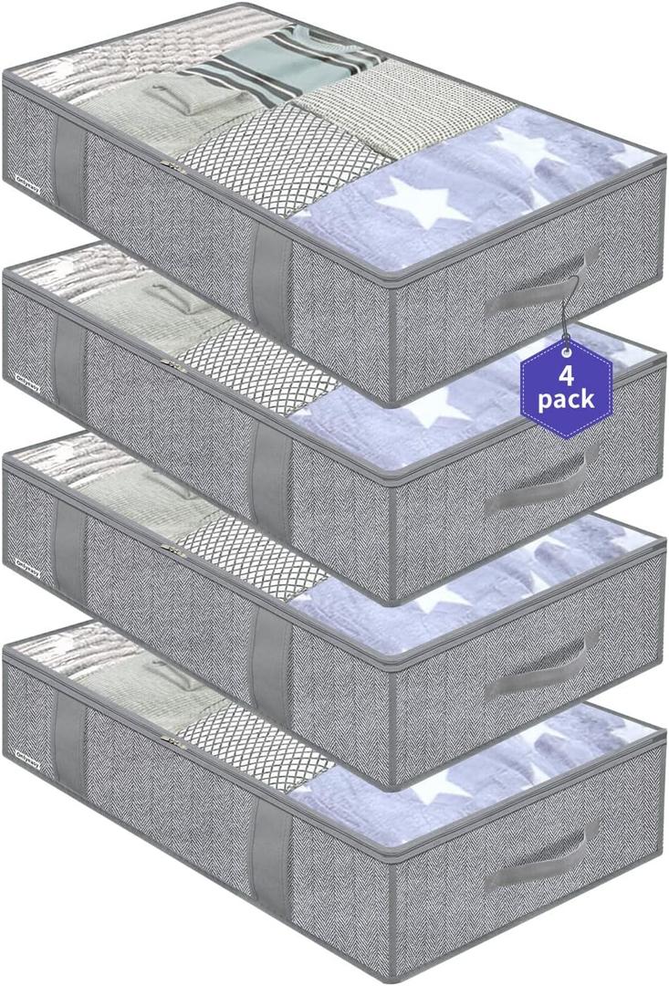 Onlyeasy Underbed Storage Bags Organizer, 4 Pack Large Capacity Under Bed Storage Containers with Reinforced Handles, Foldable Fabric Storage Bins with Clear Window, Herringbone Grey,