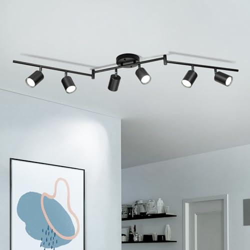 Fondiiz 6 Ways Track Lighting, Rotatable Heads Tracks Light, Track Lightings Fixtures Ceiling with Foldable Arms, Modern Black Tracks Light for Kitchen, Living Room, Hallway(Bulbs Not Included), Black