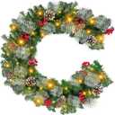 6 Ft by 10 Inch 30 LED Prelit Christmas Garland with Lights Timer 150 Snowy Bristle Pine Branches 8 Pinecone 56 Red Berry Battery Operated Xmas Decor for Home Indoor Outdoor Mantle Stairs Front Door