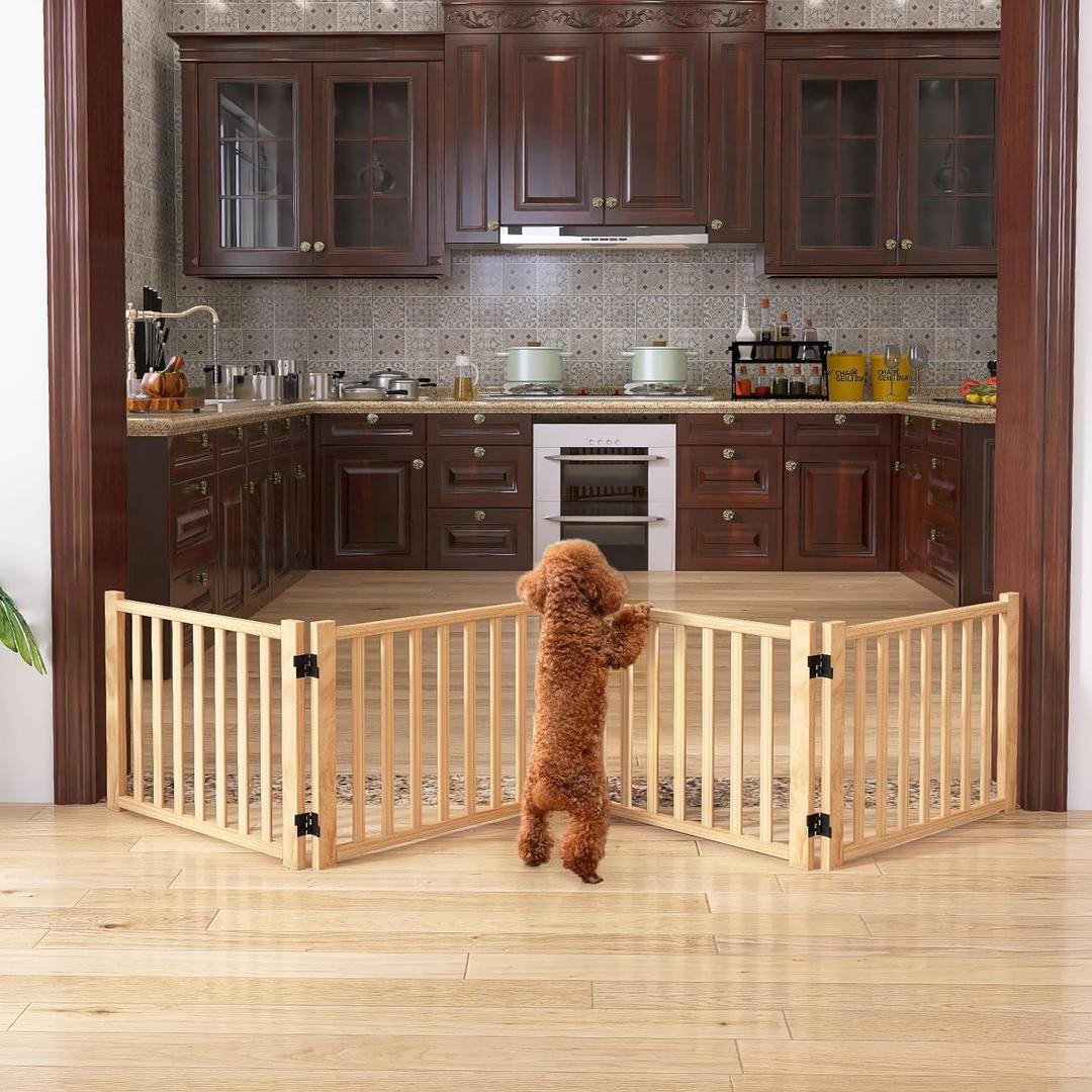 YOCAN Wooden Freestanding Dog Gates for Doorways and Stairs, Indoor Pet Gate - 4 Panel H:16.9