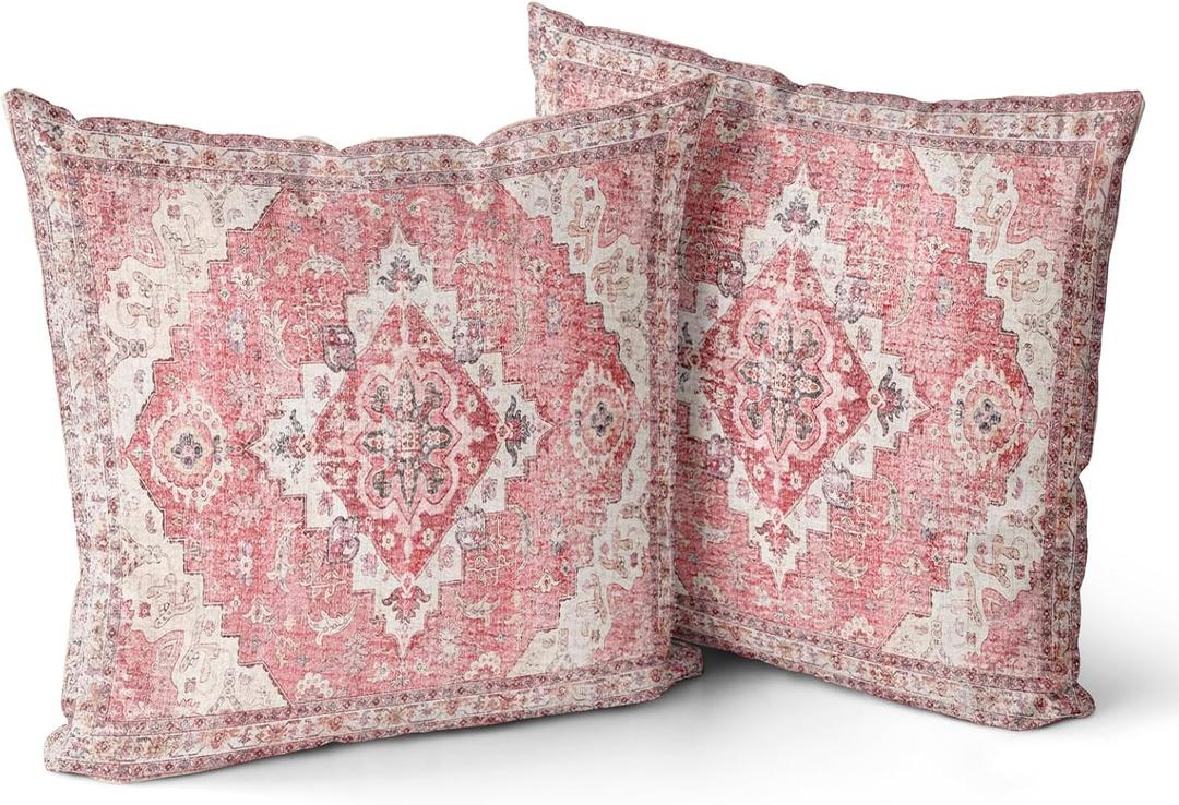 Snycler Pink Boho Throw Pillow Covers Set of 2 Monaco Rug Carpet Double Sided Pattern Cotton Soft Pillow Case Cushion Cover Pillowcase for Garden Couch Sofa Bed Decorative 16x16 inch