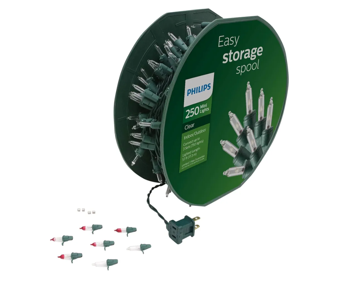 Philips 250 Incandescent Clear Mini Christmas Lights on Green Wire with Easy Storage Spool - UL Listed for Indoor/Outdoor Use - 59.33' Length with 2.75" Bulb Spacing - String Lights for Christmas Tree