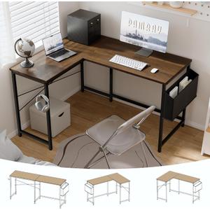 Pamray 47 Inch Reversible L Shaped Gaming Desk Corner Computer Desk with Storage Bag Home Office Table for Writing Study Brown