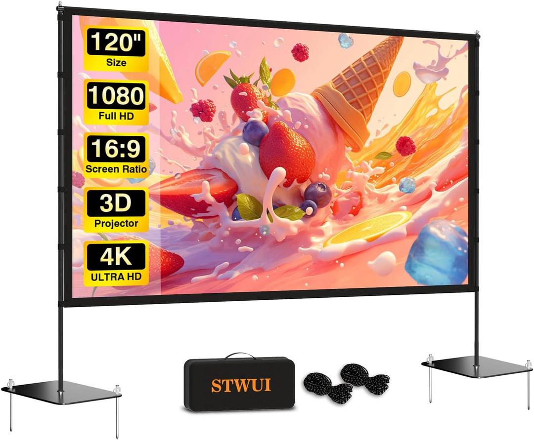 STWUI Outdoor-Projector-Screen-with-Stand - 120 inch Portable Projector Screen Indoor Outdoor Projector Screens 16:9 4K HD Lightweight Movie Screen with Carry Bag for Backyard Movie Night