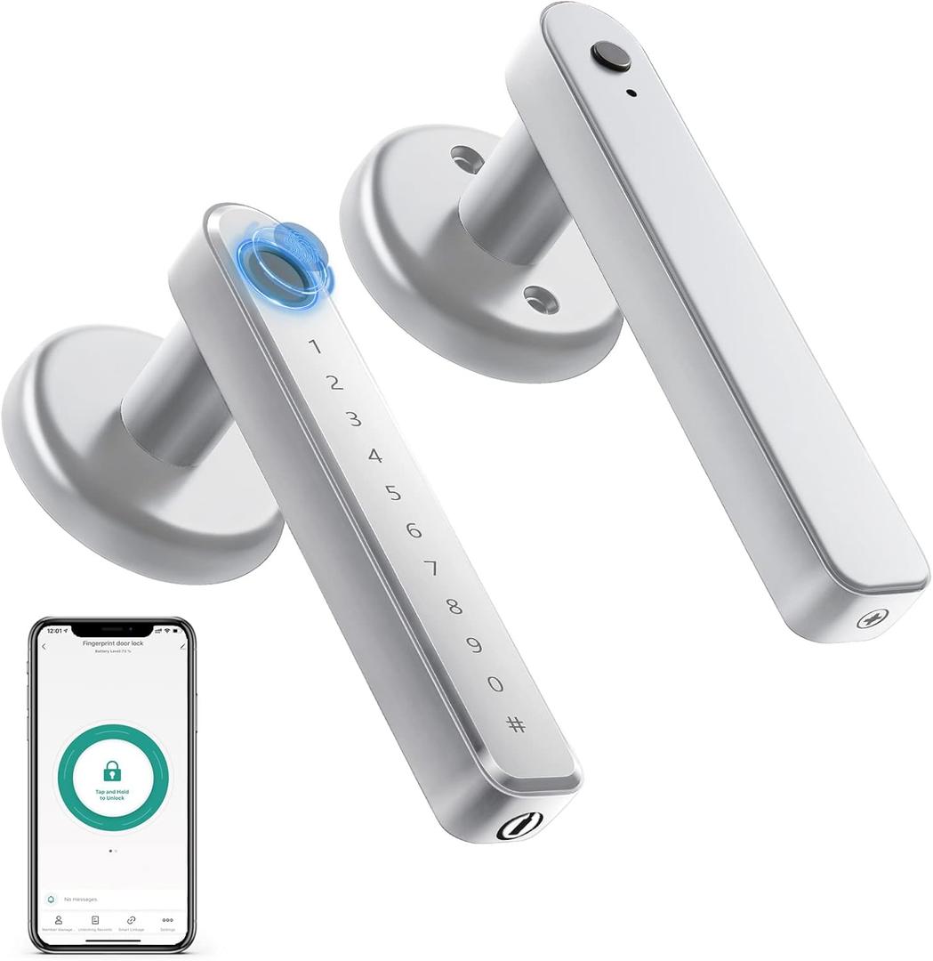 IRONZON Fingerprint Door Lock Smart Door Lock with App/Code/Backup Key/Fingerprint Smart Door Knob with Handle for Home Hotel Office Apartment Bedroom Silver (APPS)