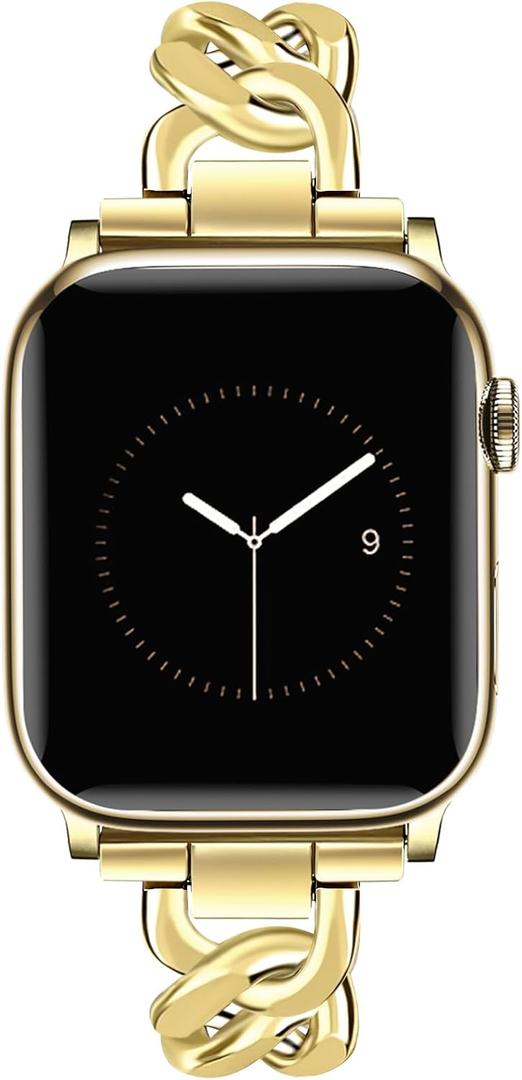 JR.DM Gold Watch Bands for Women Compatible with Apple Watch Band 46mm 42mm(S3/2/1) 44mm 45mm 49mm Adjustable Metal Single Chain Bracelet for iWatch Series 10/9/8/7/6/5/4/3/2/1/SE/Ultra (No Case)