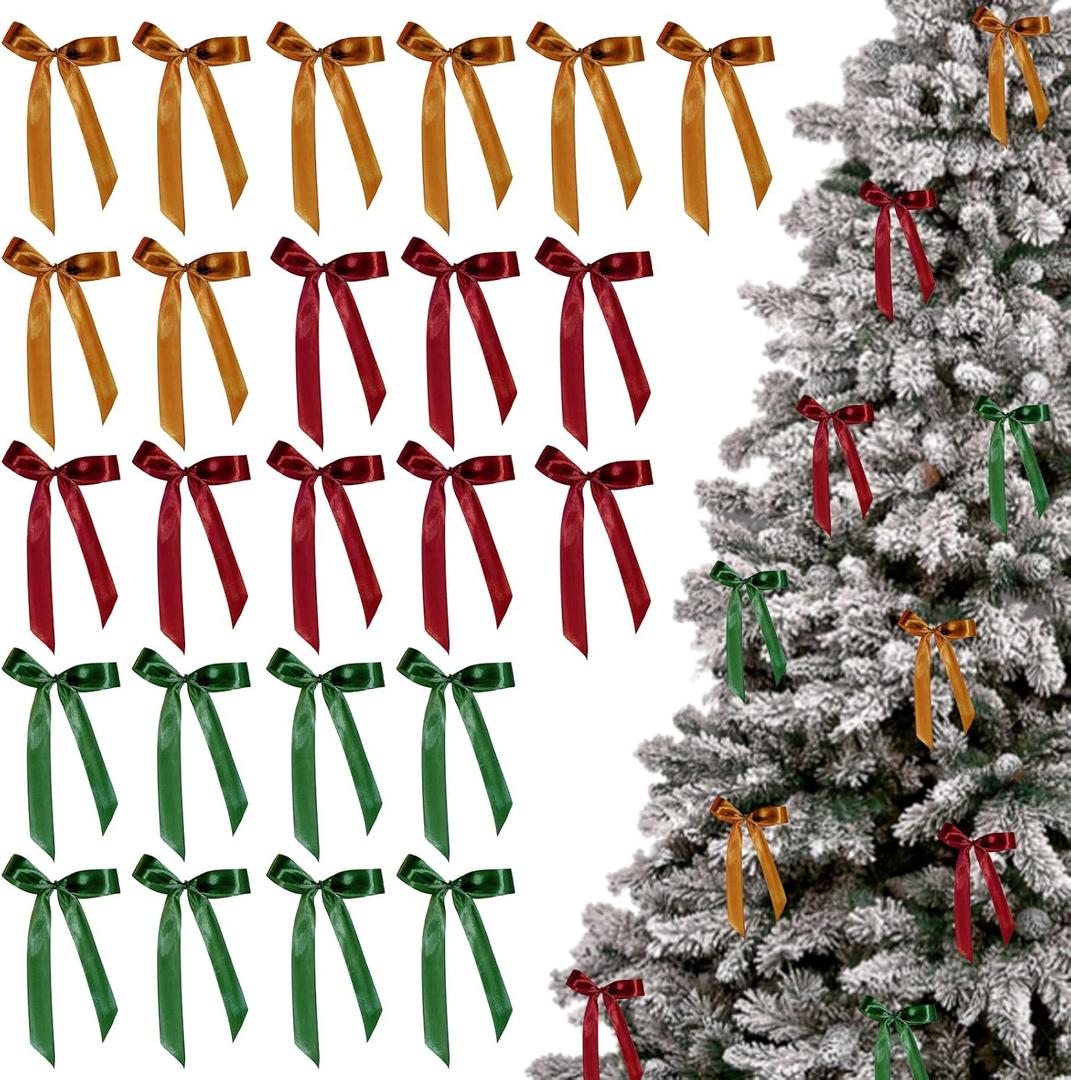 3 x 24 Pcs Satin Ribbon Bows, Christmas Tree Bows Wreath Bows Tree Topper Bow for Door Windows Garland Xmas Home Wedding Decorations Indoor Outdoor (DarkRedDarkGreenKhaki)