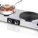 Hot Plate, Techwood 1800W Portable Electric Stove for Cooking Countertop Dual Burners with Adjustable Temperature & Handles, 7.5” Cooktop for Home/RV/Camp, Compatible for All Cookwares, Silver 