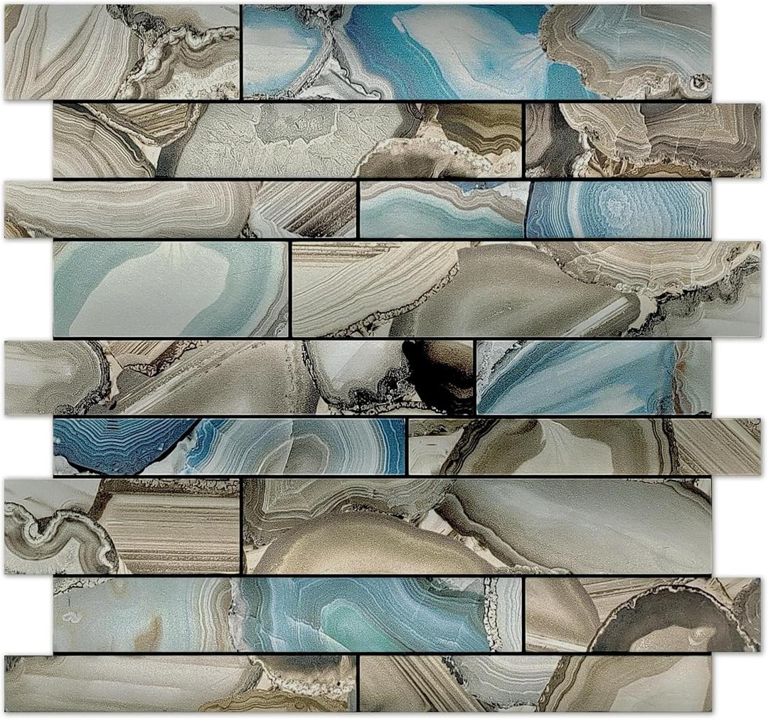 Kieacia Peel and Stick Kitchen Backsplash Tiles, PVC Self-Adhesive Mosaic Tile for Kitchen Bathroom Vanity Tabletop Fireplace (Blue-Grey Agate Color,10PCS)